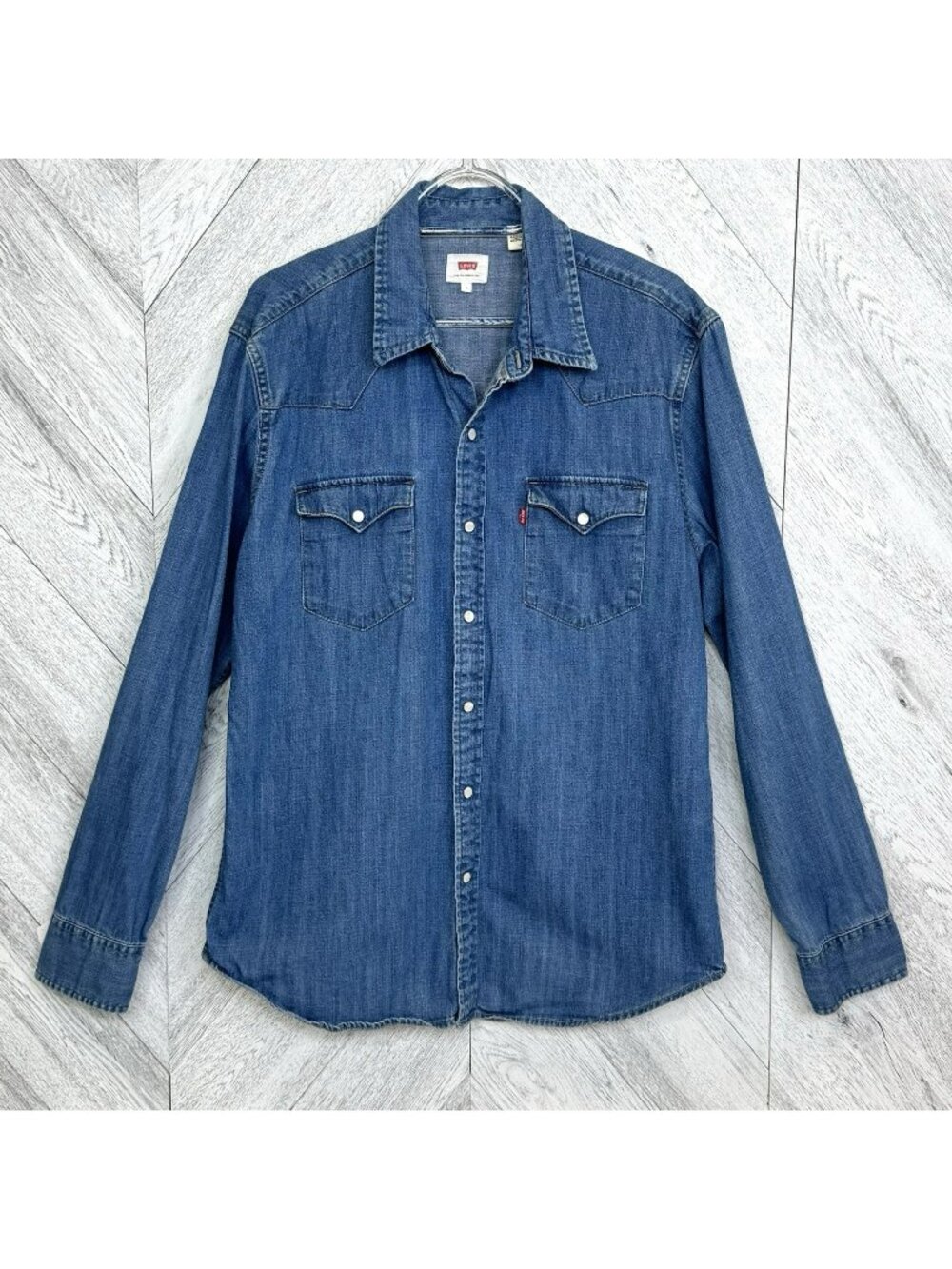 Levis Denim Western Pearl Snap Shirt Mens Large Long Sleeve Blue Flap Pocket
